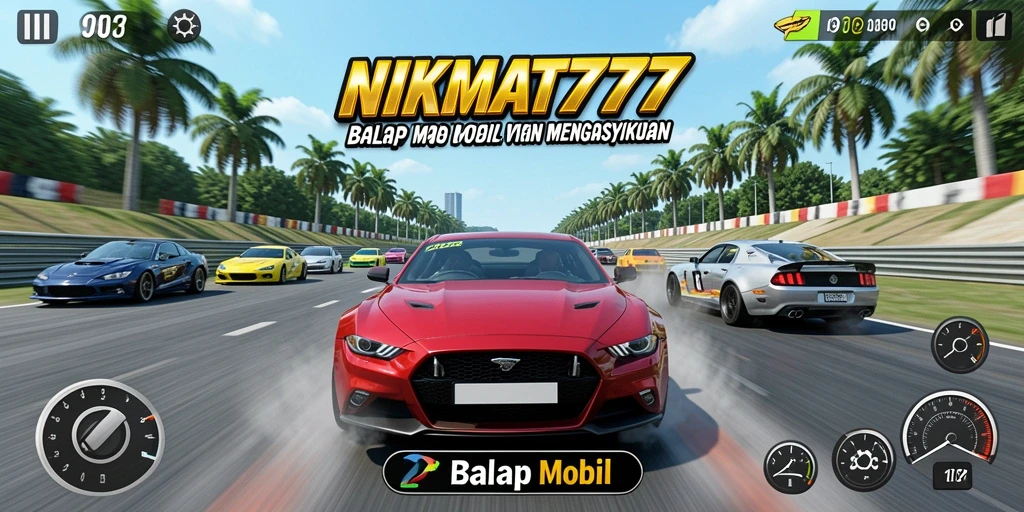 Antarmuka permainan NIKMAT777 menampilkan mobil balap yang memukau.